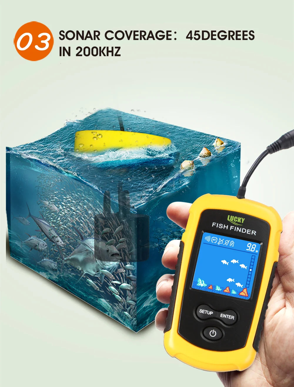 Alarm 100M Portable Sonar Fish Finders 45 degrees Sonar Coverage Echo Sounder Alarm Transducer Lake Sea Fishing