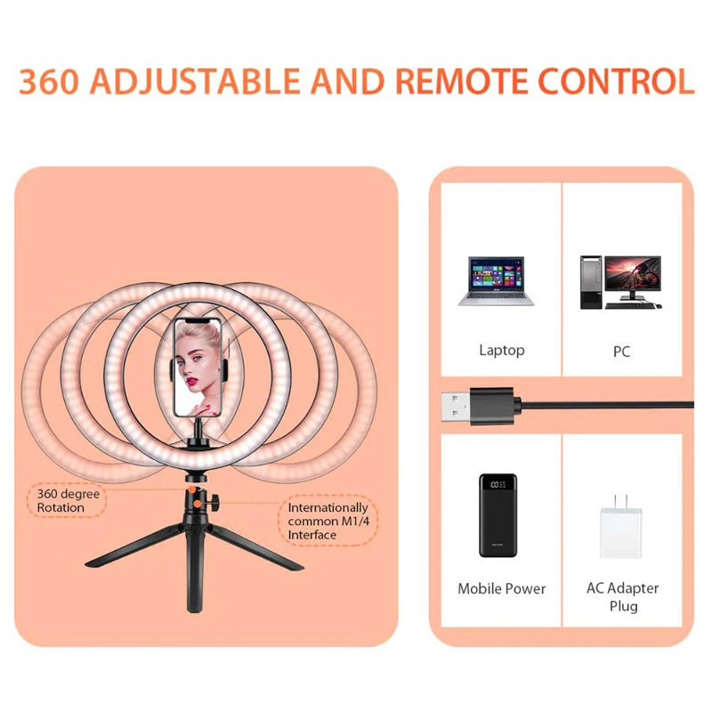 26cm LED Selfie Ring Lamp Photographic Selfie Ring Lighting USB Remote Fill light For Tiktok Video Live with Phone Holder Tripod