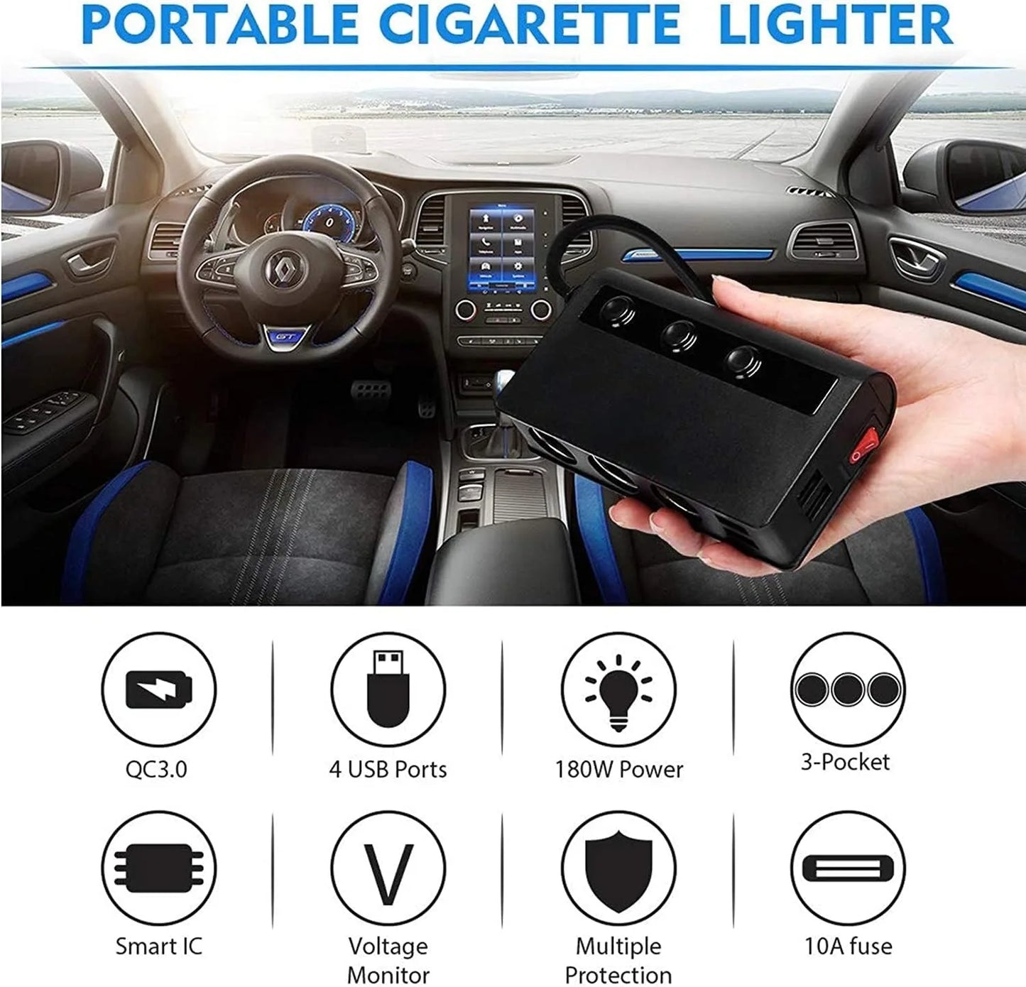 7 IN 1 Cigarette Lighter Adapter Splitter 180W 12V/24V 3-Socket Power Splitter DC Outlet 4 USB Ports LED Display Voltage（TR24）