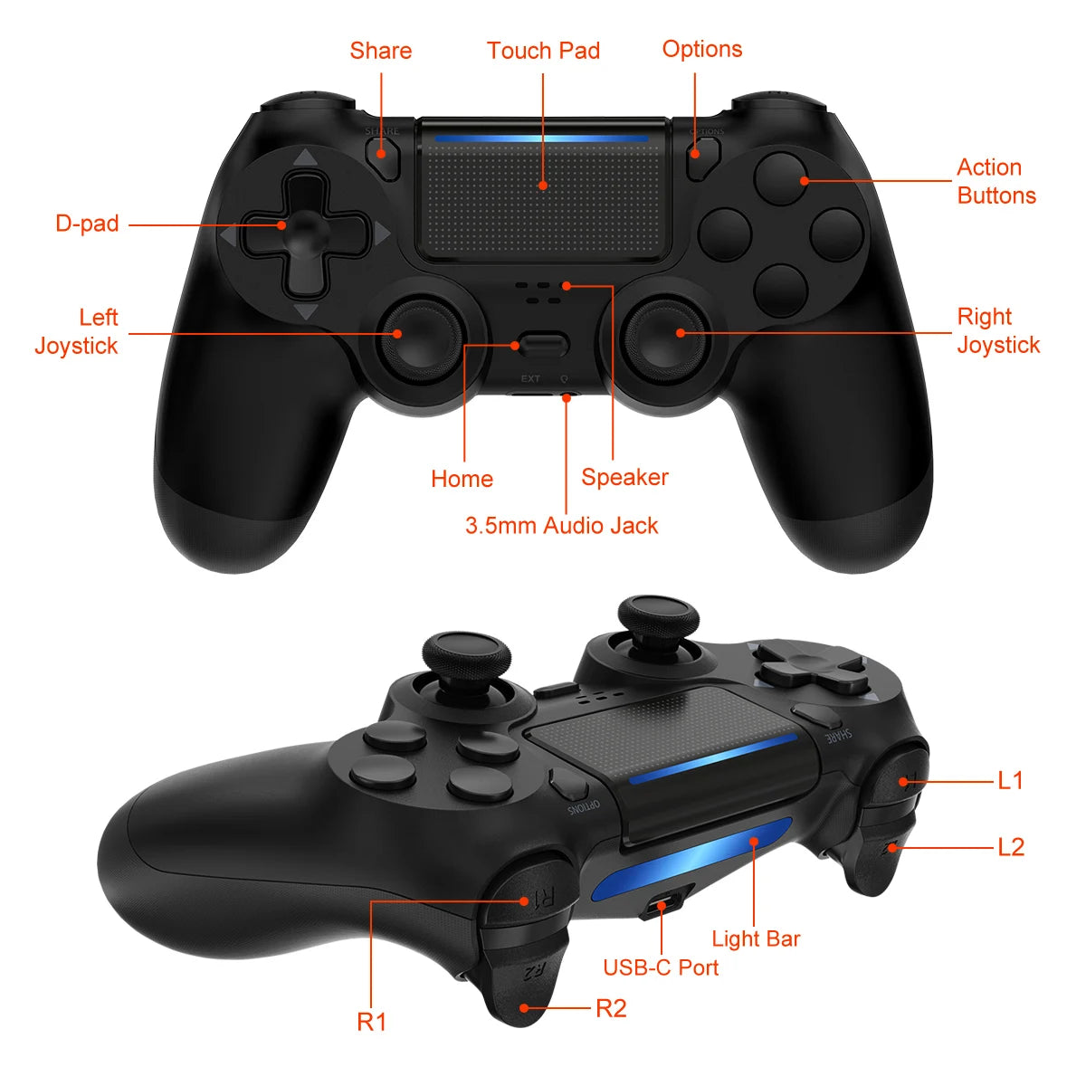 Wireless Controller for PS4, with Vibration Feedback, Motion Sensing, Touchpad, Light Bar, Share, Speaker, 3.5mm Headphone Jack