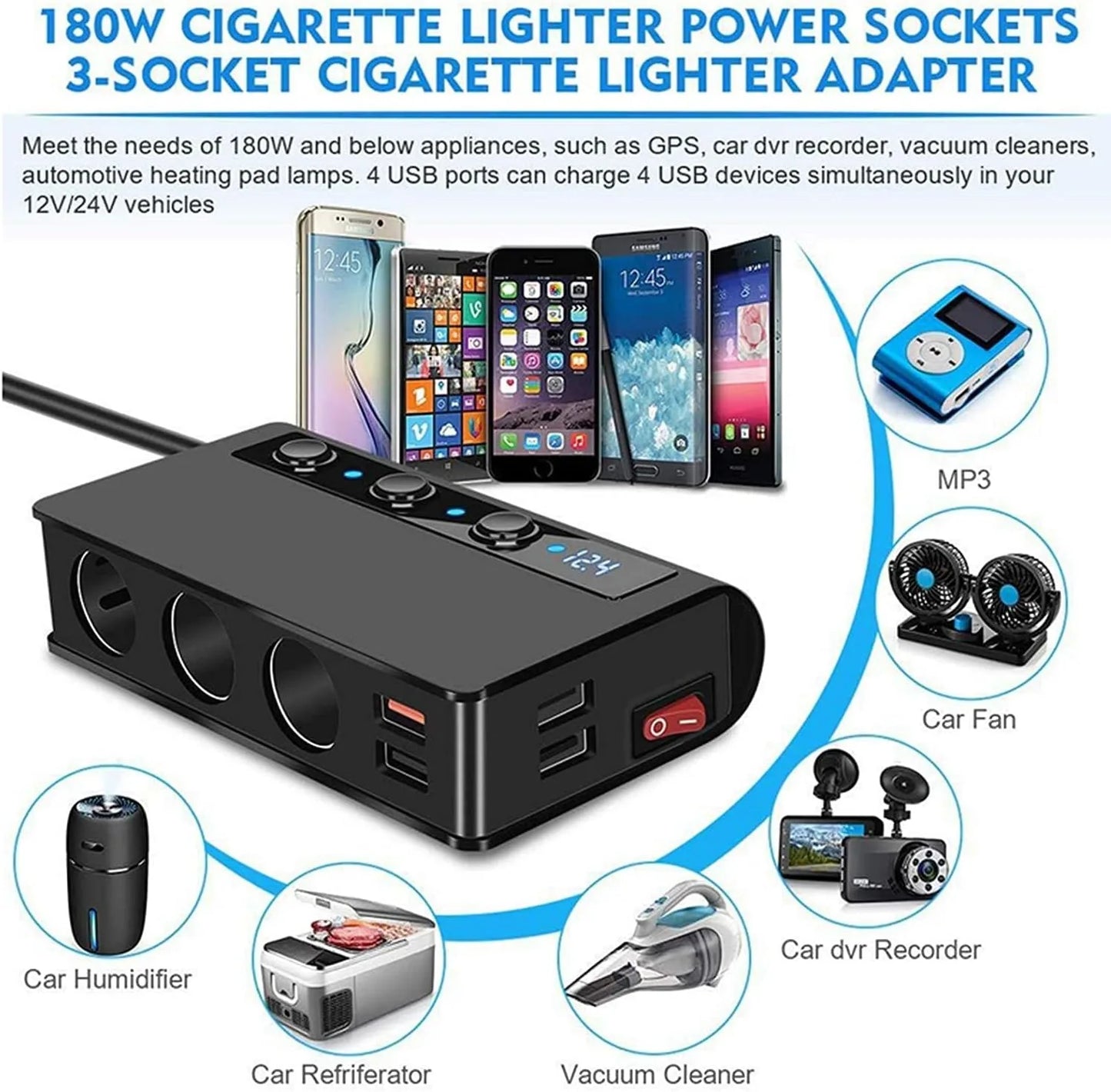 7 IN 1 Cigarette Lighter Adapter Splitter 180W 12V/24V 3-Socket Power Splitter DC Outlet 4 USB Ports LED Display Voltage（TR24）