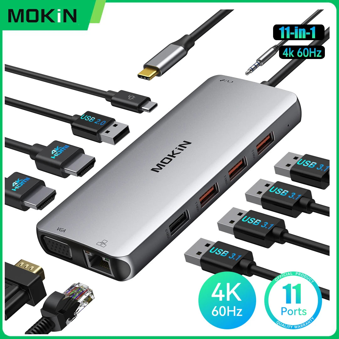 MOKiN USB C Dual Monitor Docking Station to Dual HDMI Adapter with 4K@60hz,SD/TF,RJ45,VGA,USB,Audio,100W PD Dock for MacBook Pro