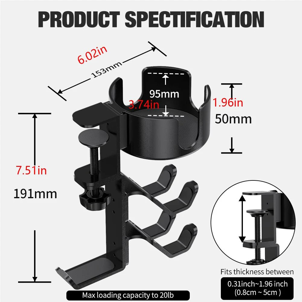 3 in 1 Rotatable Desk Controller Headphone Holder Anti-Spill Cup Holder with Headset Stand Controller Stand Gaming Accessories