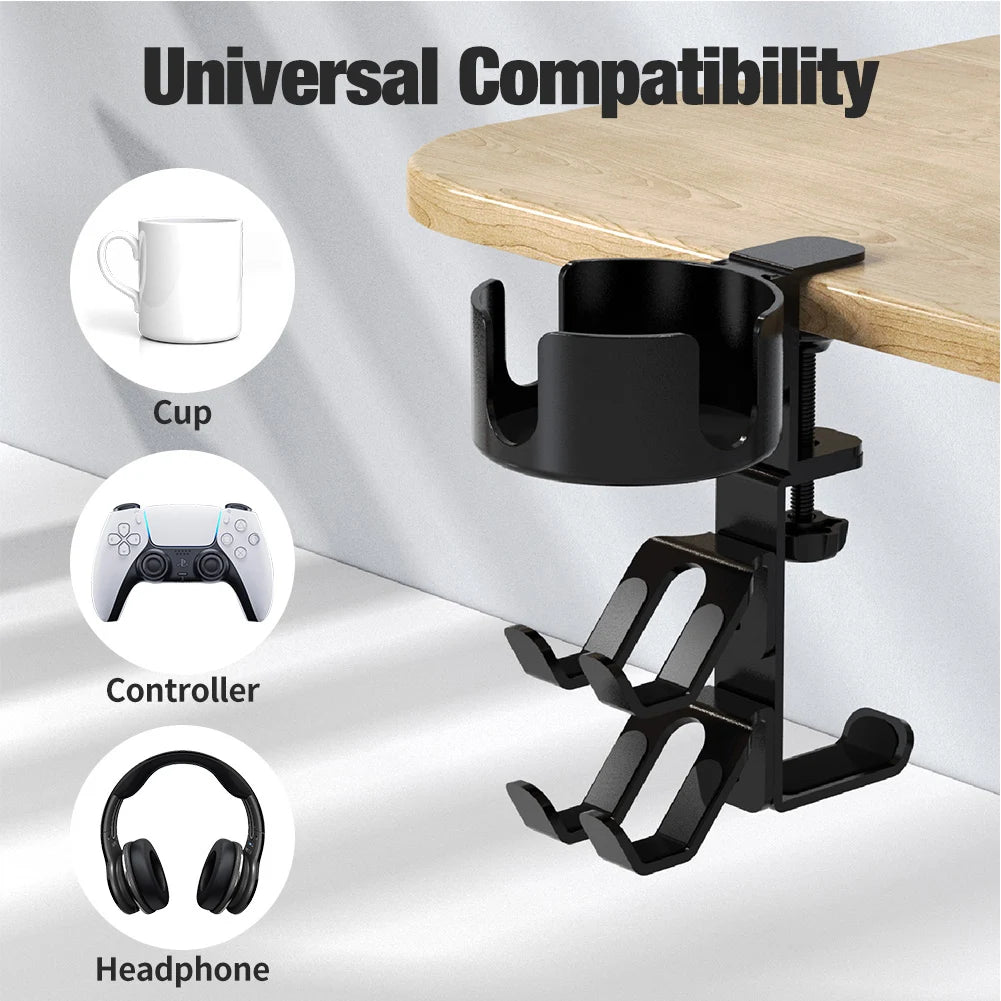 3 in 1 Rotatable Desk Controller Headphone Holder Anti-Spill Cup Holder with Headset Stand Controller Stand Gaming Accessories