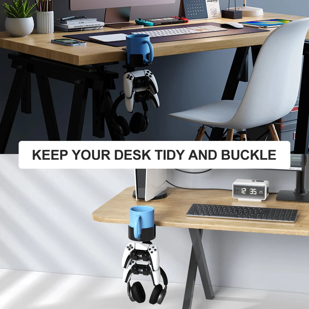 3 in 1 Rotatable Desk Controller Headphone Holder Anti-Spill Cup Holder with Headset Stand Controller Stand Gaming Accessories