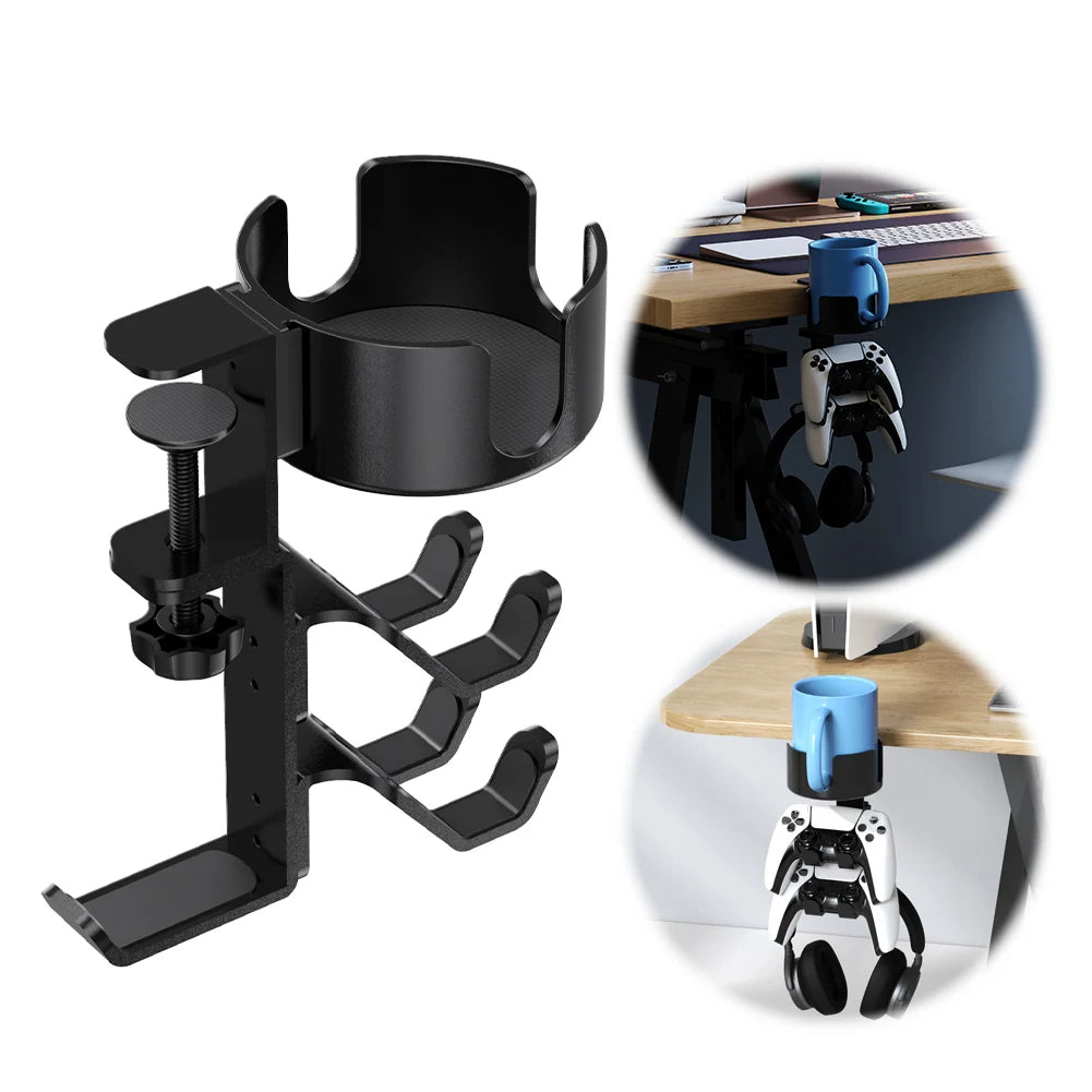 3 in 1 Rotatable Desk Controller Headphone Holder Anti-Spill Cup Holder with Headset Stand Controller Stand Gaming Accessories